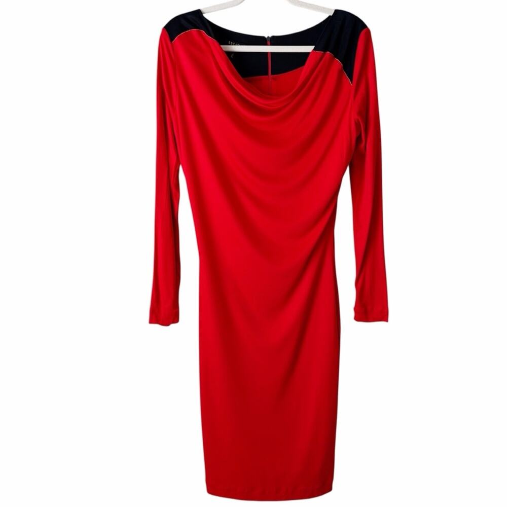 Escada | Knee Length Cowl Neck Cocktail Dress Long Sleeves Red Black Medium